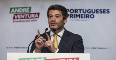 Portuguese presidential candidate and far-right Chega's leader Andre Ventura addresses supporters after advancing to the second round of the presidential elections at his campaign headquarters, Lisbon, Portugal, Jan. 19, 2026. (EPA Photo)