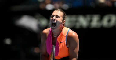Belarus' Aryna Sabalenka celebrates a match point during the women's third round match against Austria's Anastasia Potapova on day 6 of the 2026 Australian Open tennis tournament at Melbourne Park, Melbourne, Australia, Jan. 23, 2026. (EPA Photo)