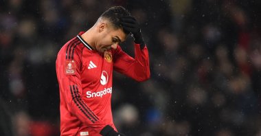 Manchester United's Casemiro reacts to their defeat on the pitch after the English FA Cup third round football match against Brighton and Hove Albion at Old Trafford Stadium, Manchester, U.K., Jan. 11, 2026. (AFP Photo)