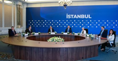 Foreign Minister Hakan Fidan (C) hosts the second meeting of the Balkan Peace Platform with his counterparts from Albania, Bosnia-Herzegovina, Montenegro, Kosovo, North Macedonia and Serbia, Çırağan Palace, Istanbul, Türkiye, Jan. 23, 2026. (AA Photo)