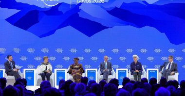 From left, moderator Andrew R. Sorkin, International Monetary Fund (IMF) Managing Director Kristalina Georgieva, World Trade Organization (WTO) Director‑General Ngozi Okonjo‑Iweala, Saudi Arabia&amp;amp;amp;#039;s Minister of Finance Mohammed al‑Jadaan, European Central Bank President Christine Lagarde and Chairman and CEO of Pfizer Albert Bourla attend the 56th annual World Economic Forum (WEF) meeting, Davos, Switzerland, Jan. 23, 2026. (Reuters Photo)