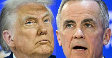 This combination of pictures created on Jan. 24, 2026 shows U.S. President Donald Trump in Davos on Jan. 22, 2026 and Canada's Prime Minister Mark Carney in Davos on Jan. 20, 2026. (AFP Photo)
