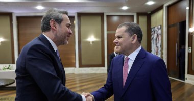 Energy and Natural Resources Minister Alparslan Bayraktar (L) shakes hands with Libyan Prime Minister Abdul Hamid Mohammed Dbeibah, Tripoli, Libya, Jan. 24, 2026. (AA Photo)