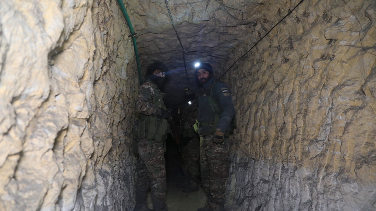 Syrian army soldiers are seen in newly discovered tunnels dug by the YPG terrorist group in the Manbij district of Aleppo province, Syria, Jan. 25, 2026. (AA Photo) 