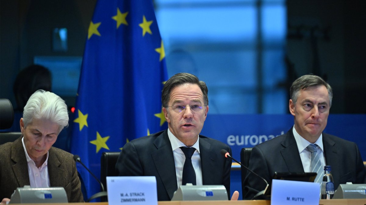 NATO Secretary-General Mark Rutte speaks at a joint session of the European Parliament’s Security and Defence Committee and Foreign Affairs Committee in Brussels, Jan. 26, 2026. (AA Photo)
