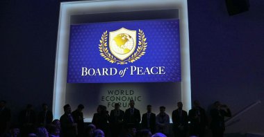 This photograph shows the logo of the "Board of Peace" during the World Economic Forum (WEF) annual meeting, Davos, Switzerland, Jan. 22, 2026. (AFP Photo)