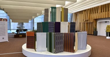 Fabrics on display at the Council of Europe building during the “Türkiye Weaving Atlas - Memory of Fabric” exhibition, Strasbourg, France, Jan. 24, 2026. (AA Photo)