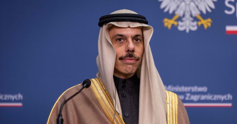 Saudi Arabia's Foreign Affairs Minister Prince Faisal bin Farhan Al Saud and Poland's Foreign Affairs Minister (unseen) give a joint news conference after their meeting at the Foreign Office in Warsaw, Jan. 26, 2026. (AFP Photo)