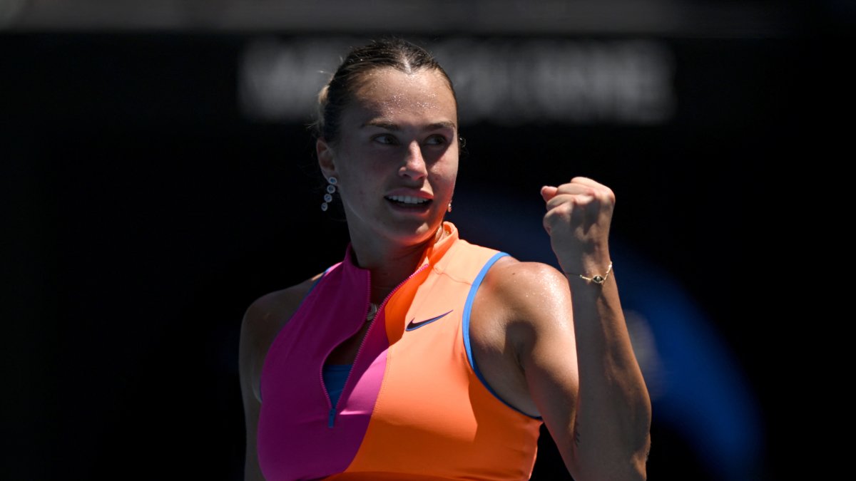 Belarus' Aryna Sabalenka celebrates after winning her Australian Open quarterfinal match against U.S.'s Iva Jovic at Melbourne Park, Melbourne, Australia, Jan. 27, 2026. (Reuters Photo)