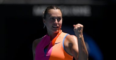 Belarus' Aryna Sabalenka celebrates after winning her Australian Open quarterfinal match against U.S.'s Iva Jovic at Melbourne Park, Melbourne, Australia, Jan. 27, 2026. (Reuters Photo)