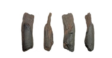This undated image provided by Katerina Harvati shows various angles of a 430,000-year-old wooden tool from Greece. (AP Photo)