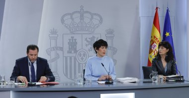 Spanish Minister for Transport and Sustainable Mobility Oscar Puente, Spanish Minister for Inclusion, Social Security and Migration and Government Spokesperson Elma Saiz (C), and Spanish Minister for Equality Ana Redondo address a press conference after the weekly Cabinet meeting at Moncloa Presidential Palace in Madrid, Spain, Jan. 27, 2026. (EPA Photo)