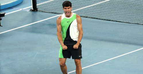 Spain's Carlos Alcaraz celebrates victory over Australia's Alex De Minaur after their men's singles quarter-final match on day ten of the Australian Open tennis tournament, Melbourne, Australia, Jan. 27, 2026. (AFP Photo)