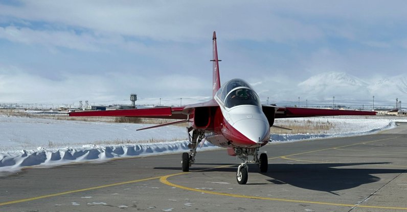 Jet trainer Hürjet, developed by Turkish Aerospace Industries (TAI), is seen at an airfield, Erzurum, eastern Türkiye, Jan. 24, 2026. (AA Photo)