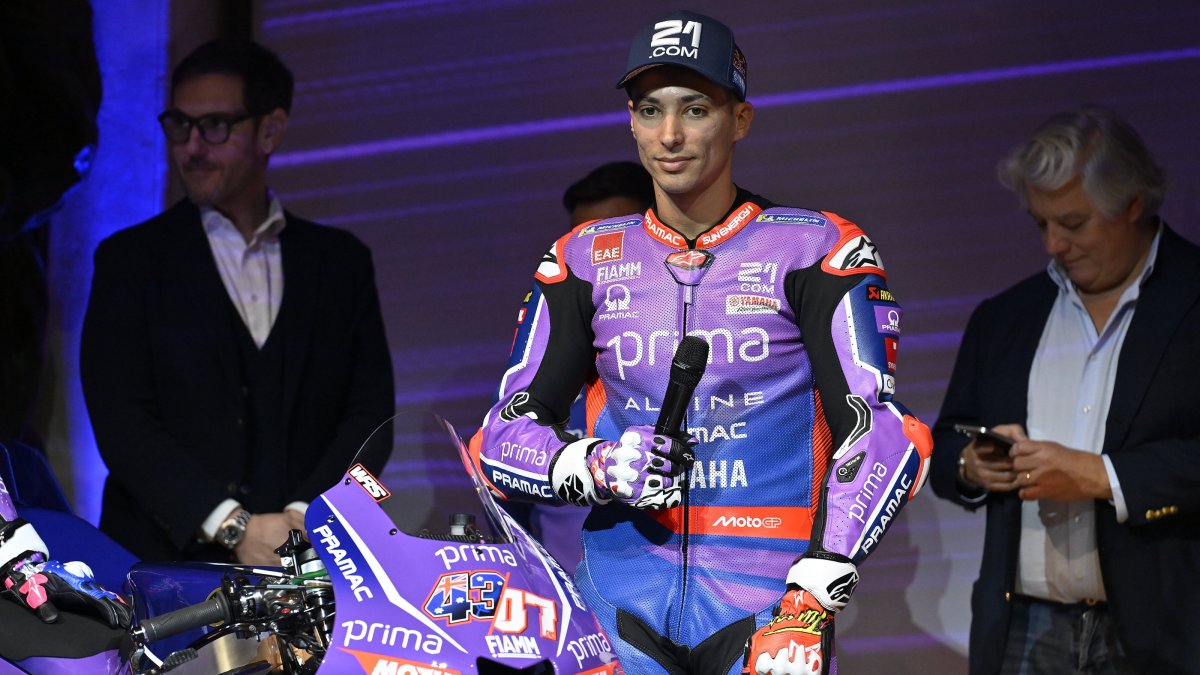 Turkish rider Toprak Razgatlıoğlu delivers a speech with the Prima Pramac Yamaha he will race in the 2026 MotoGP season during the bike’s official launch at the Accademia Musicale Chigiana, Siena, Italy, Jan. 1, 2026. (AA Photo)