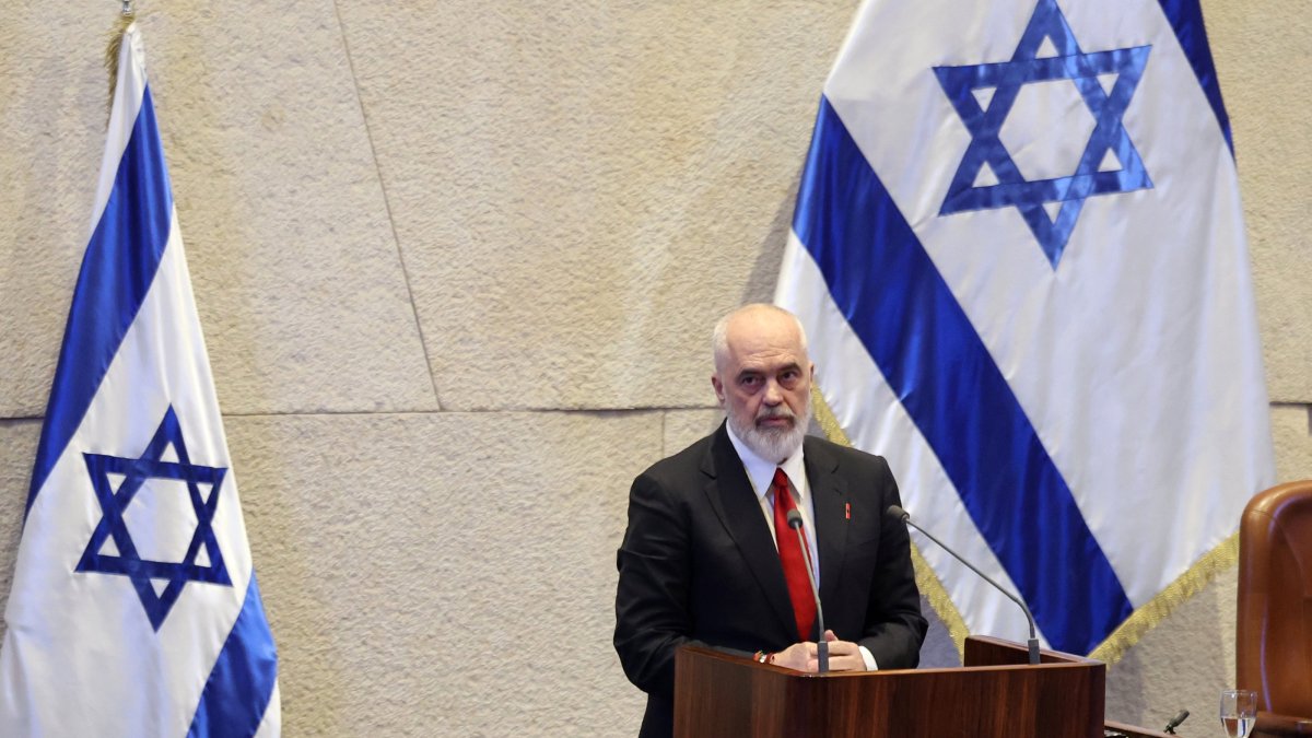 Albania's Prime Minister Edi Rama addresses a plenary session of the Knesset, the Israeli Parliament, in Jerusalem, Jan. 26, 2026. (EPA Photo)