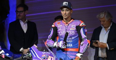 Turkish rider Toprak Razgatlıoğlu delivers a speech with the Prima Pramac Yamaha he will race in the 2026 MotoGP season during the bike’s official launch at the Accademia Musicale Chigiana, Siena, Italy, Jan. 1, 2026. (AA Photo)