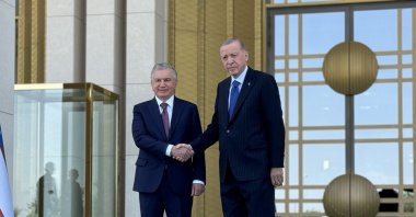 President Recep Tayyip Erdoğan shakes hands with Uzbek President Shavkat Mirziyoyev, Ankara, Türkiye, June 6, 2024. (DHA Photo)