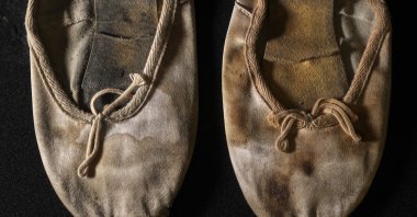 Blood-stained ballet shoes worn by Amy Winehouse in the collection of Özgür Çift, Ankara, Türkiye, Dec. 18, 2025. (AA Photo)