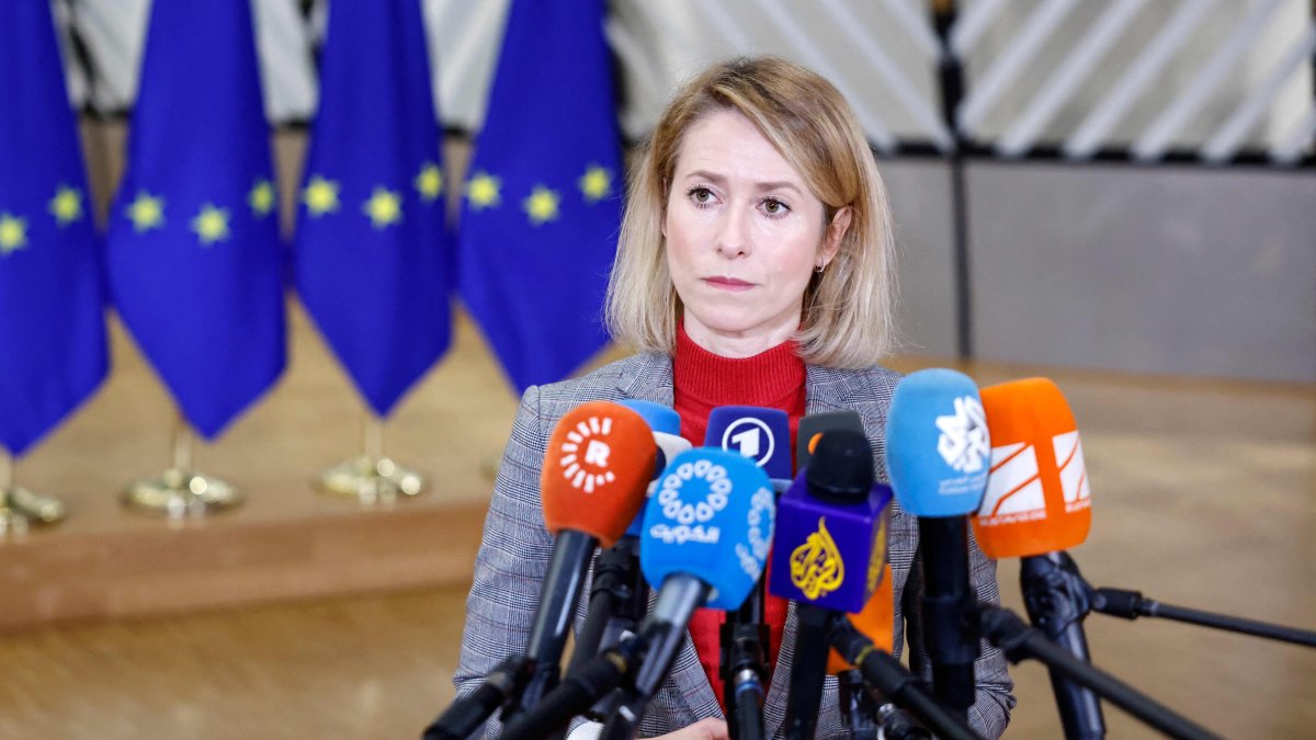EU High Representative and Vice-President for Foreign Affairs and Security Policy Kaja Kallas talks to journalists upon arrival for a EU Foreign Affairs Council meeting at the EU headquarters in Brussels on Jan. 29, 2026. (AFP Photo)