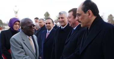 National Intelligence Organization (MİT) Director Ibrahim Kalın (R) shakes hands with Nigerian President Bola Ahmed Tinubu at the Presidential Complex, Ankara, Türkiye, Jan. 27, 2026. (AA Photo)