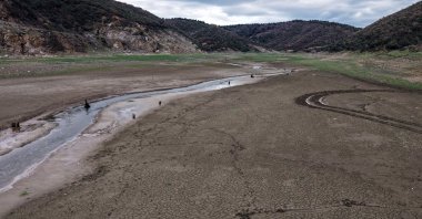 Dried sections of the Sazlıdere Dam basin are visible as water levels fall to critical levels, Istanbul, Türkiye, Jan. 26, 2026. (AA Photo)