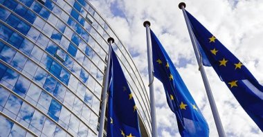 EU flags at the European Commission Building, Brussels, Belgium. (DHA File Photo)