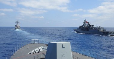 Türkiye’s TCG Barbaros frigate and TCG Burgazada corvette and the USS Winston S. Churchill conduct naval training exercises in the Eastern Mediterranean, Aug. 26, 2020. (AA Photo)