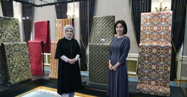 First lady Emine Erdoğan and Ziroat Mirziyoyeva tour an exhibition inside Ankara Palas during the official visit to Ankara, Türkiye, Jan. 29, 2026. (AA Photo)