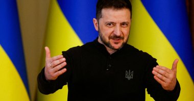 Ukrainian President Volodymyr Zelenskyy gestures as he attends a press conference, Kyiv, Ukraine, March 12, 2025. (Reuters Photo)