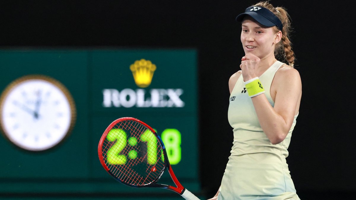 Kazakhstan's Elena Rybakina celebrates after victory against Belarus' Aryna Sabalenka during their women's singles final match on day fourteen of the Australian Open tennis tournament in Melbourne, Australia, Jan. 31, 2026. (AFP Photo)