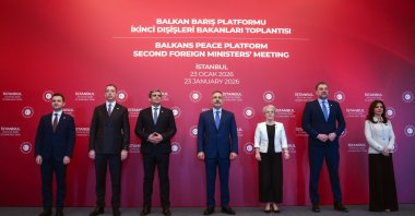 Foreign Minister Hakan Fidan (C) hosts the second meeting of the Balkan Peace Platform with his counterparts from Albania, Bosnia-Herzegovina, Montenegro, Kosovo, North Macedonia and Serbia, Çırağan Palace, Istanbul, Türkiye, Jan. 23, 2026. (AA Photo)