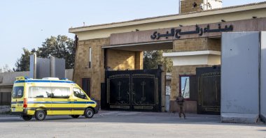 An ambulance waits on the Egyptian side of the Rafah Border Crossing, between Egypt and the Gaza Strip, in Rafah, North Sinai Governorate, Egypt, Feb. 1, 2026. (EPA Photo)