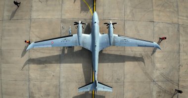 An aerial view of Akıncı unmanned combat aerial vehicle (UCAV) produced by Turkish defense giant Baykar, Tekirdağ, northwestern Türkiye, Jan. 5, 2026. (IHA Photo)