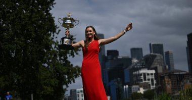 Elena Rybakina of Kazakhstan poses for a photo with the Australian Open women’s singles trophy, in Melbourne, Australia, Feb. 1, 2026. (EPA Photo)