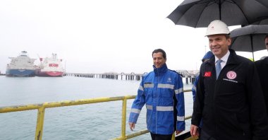 Energy and Natural Resources Minister Alparslan Bayraktar (R) during a visit to the BOTAŞ Dörtyol Terminal, Hatay, southern Türkiye, Feb. 1, 2026. (AA Photo)