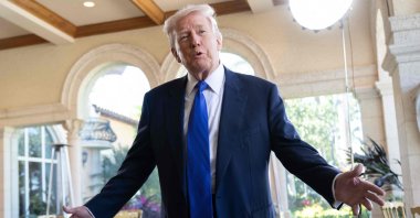 U.S. President Donald Trump speaks to the press as he arrives to attend the wedding of Dan Scavino, White House Deputy Chief of Staff, and Erin Elmore, the Department of State Director of Art in Embassies, at Mar-a-Lago in Palm Beach, Florida, U.S., Feb. 1, 2026. (AFP Photo)