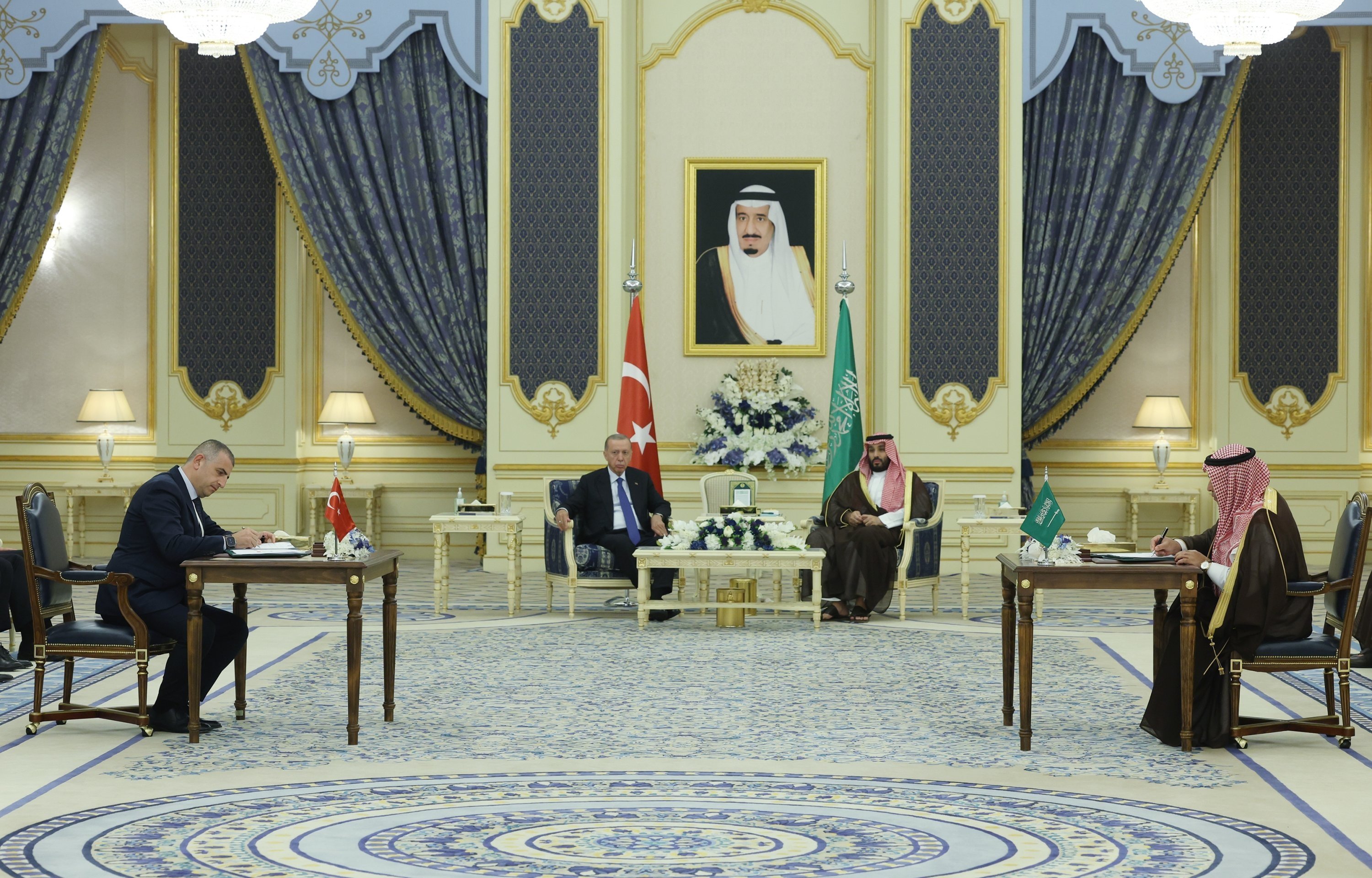 President Recep Tayyip Erdoğan and Saudi Crown Prince Mohammed bin Salaman (C-R) attend a signing ceremony, Jeddah, Saudi Arabia, July 17, 2023. (AA Photo)