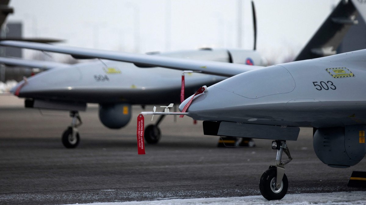 Croatia’s Turkish-made Bayraktar TB2 combat displayed at the Colonel Marko Zivkovic military base, Pleso Airport, near Zagreb, Croatia, Jan. 12, 2026. (AFP Photo)