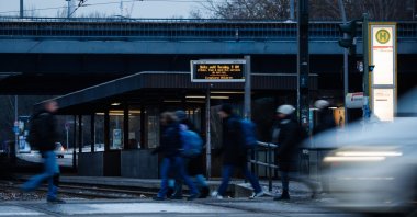 A screen at a tram stop displays information about a nationwide BVG (Berliner Verkehrsbetriebe) and other local public transport strike called by trade union Verdi, Berlin, Germany, Feb. 2, 2026. (EPA Photo)