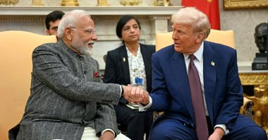 U.S. President Donald Trump shakes hands with Indian Prime Minister Narendra Modi in the Oval Office of the White House in Washington, D.C., Feb. 13, 2025. (AFP Photo)
