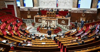 France's Prime Minister Sebastien Lecornu (C) gestures as he speaks during a debate on no-confidence motions against the 2026 finance bill at the National Assembly in Paris, Feb. 2, 2026. (AFP Photo)