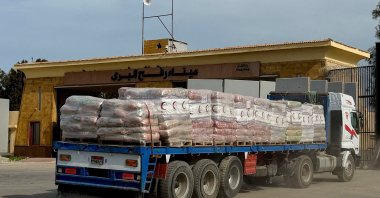 A truck carrying humanitarian aid at the Rafah border on the Egyptian side, in Rafah, Egypt, Jan. 29, 2026. (Reuters Photo)