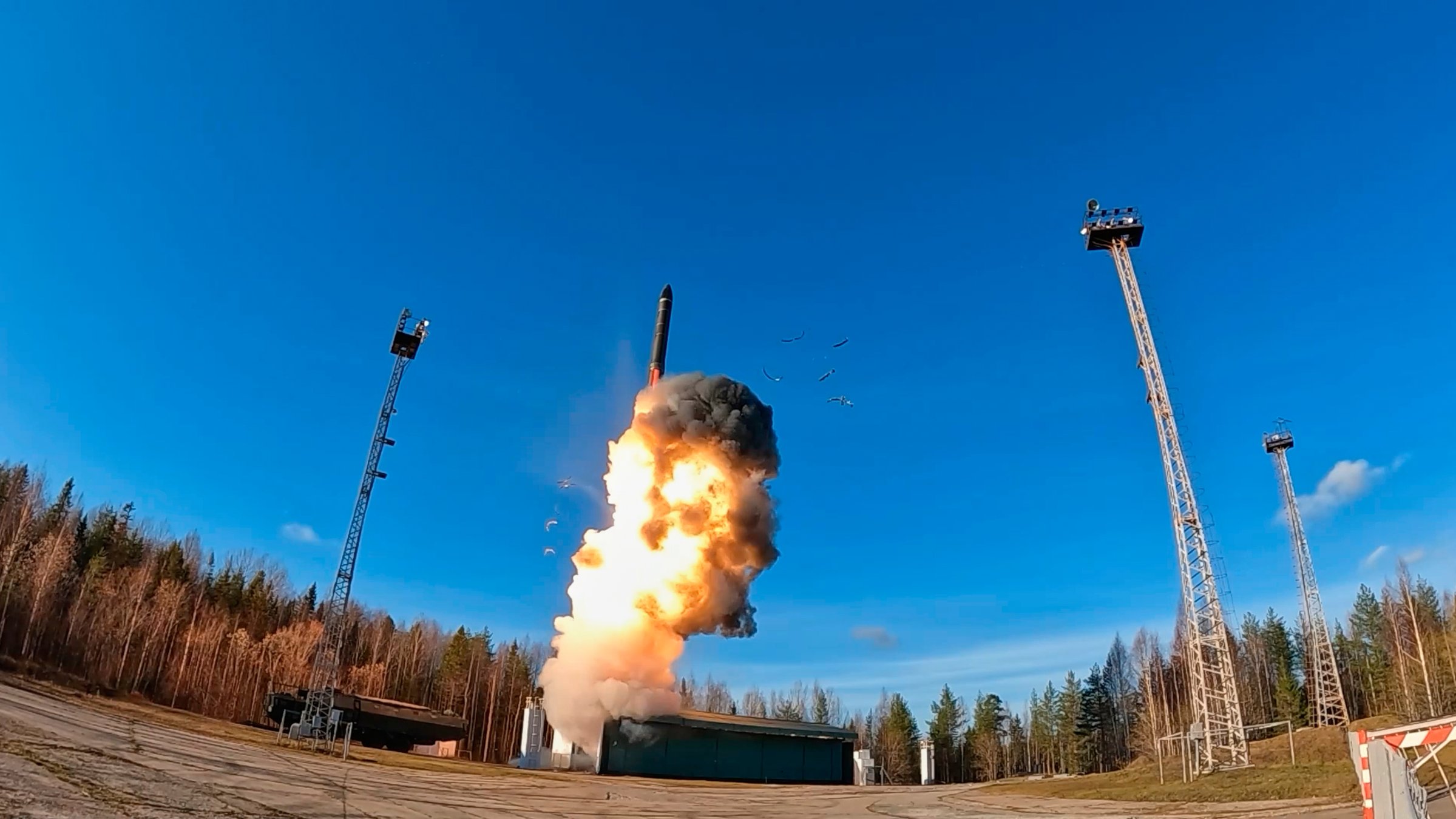 A Yars intercontinental ballistic missile is test-fired from the Plesetsk launch facility in northwestern Russia as part of drills of Russia's nuclear forces, Oct. 22, 2025. (AP Photo)