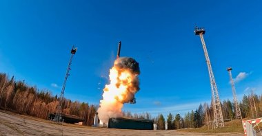A Yars intercontinental ballistic missile is test-fired from the Plesetsk launch facility in northwestern Russia as part of drills of Russia's nuclear forces, Oct. 22, 2025. (AP Photo)