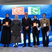 Students who earned top placements in the competition receive their awards at the annual Jinnah Young Writers Award ceremony in Ankara, Feb. 4, 2026. (AA Photo)