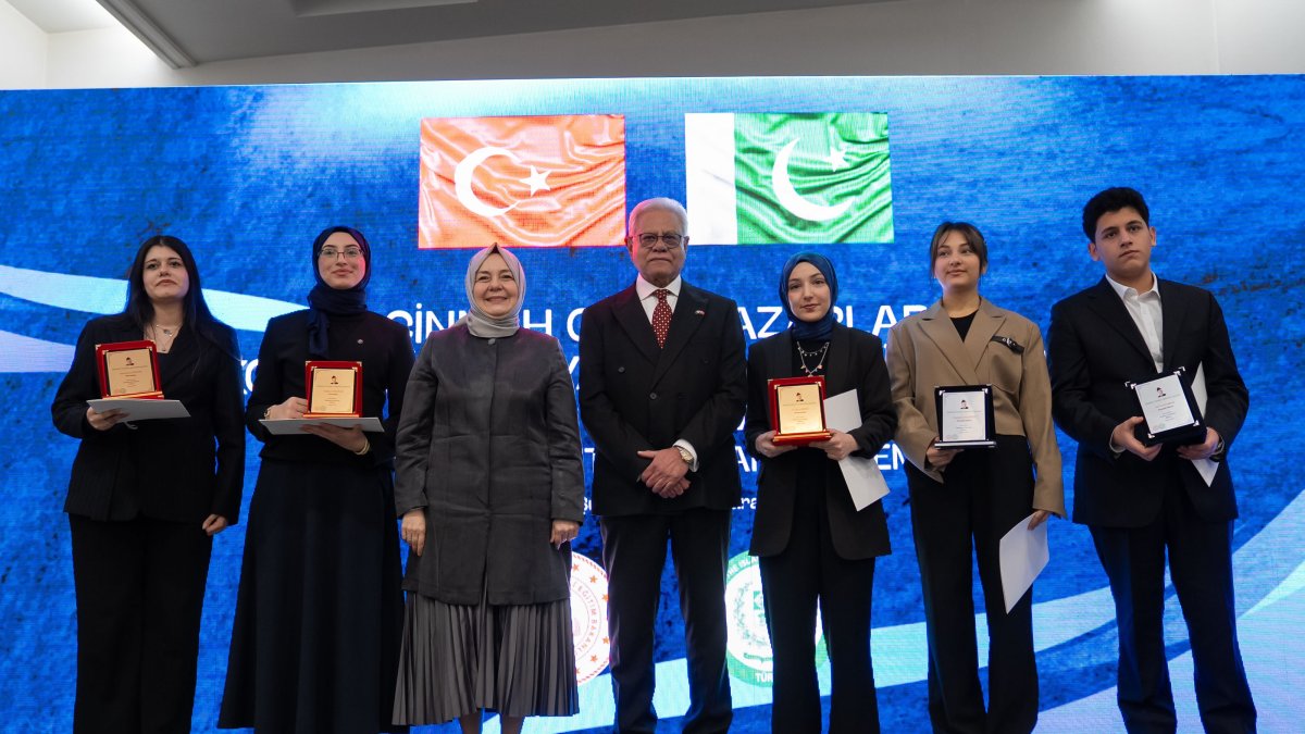 Students who earned top placements in the competition receive their awards at the annual Jinnah Young Writers Award ceremony in Ankara, Feb. 4, 2026. (AA Photo)