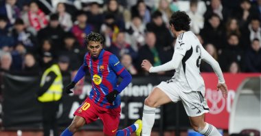 FC Barcelona's Lamine Yamal (L) in action during the Spanish Copa del Rey cup quarterfinals match against Albacete Balompie, Albacete, Spain, Feb. 3, 2026. (AA Photo)