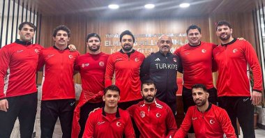 Turkish wrestler Rıza Kayaalp (3rd R) poses with Team Türkiye ahead of the Zagreb Open Wrestling Tournament, Zagreb, Croatia, Feb. 3, 2026. (AA Photo)