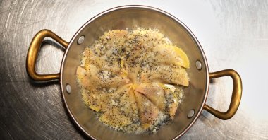 A serving of Casunziei, a type of ravioli that is Cortina's signature dish, is seen at the end of a pasta-making tutorial led by local chef Gianluca Belli at a Michelin one-star restaurant in Cortina D'Ampezzo, Italy, Nov. 21, 2025. (AP Photo)
